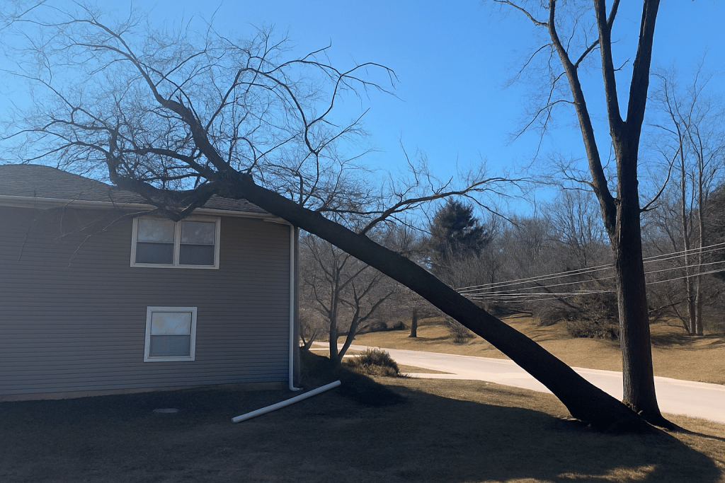Fallen tree leaning against a house, highlighting storm damage risks in Davenport, Iowa, relevant to emergency tree services.