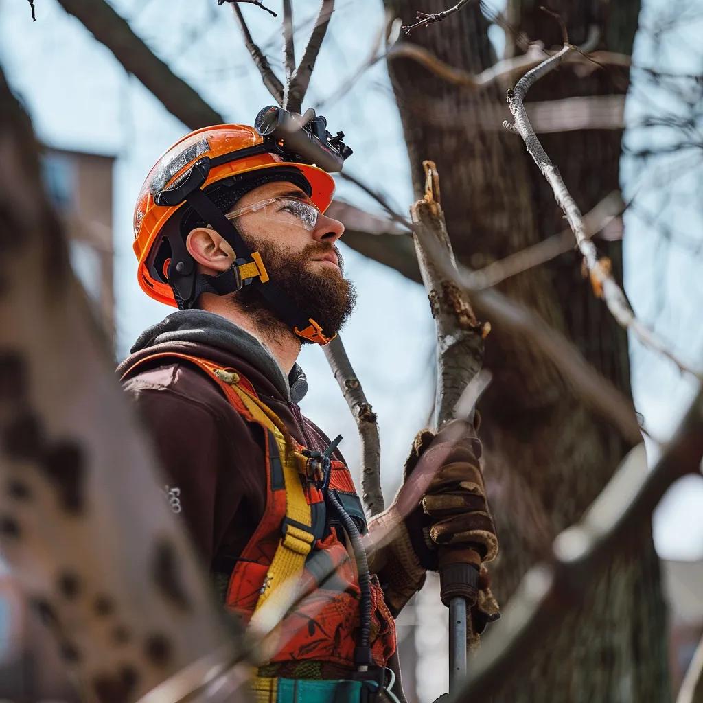 Tree service professional in safety gear inspecting dead branches for removal in Bettendorf.